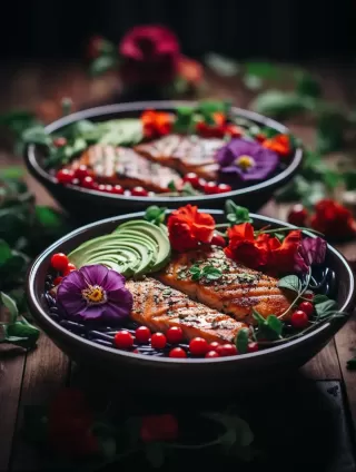 色彩斑斓的Koyo碗：新鲜蔬菜与烤鱼美食摄影作品