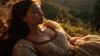 托斯卡纳草地上，金色初升的太阳照亮了慵懒的年轻英国女巫