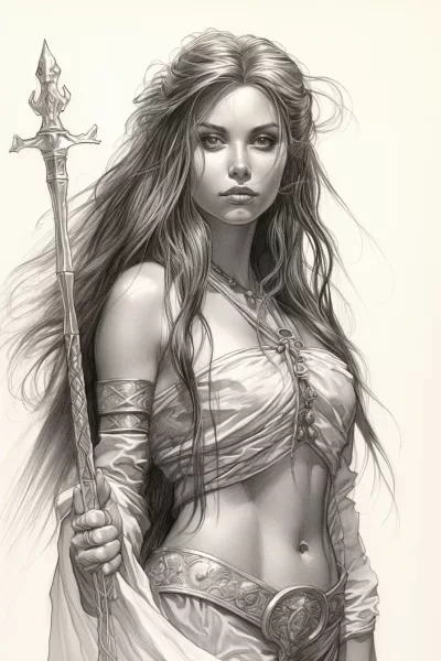 魔法世界中康南的女巫戰士：令人驚艷的服飾，戲劇性的姿勢，長發束起，面容猙獰，完美的線條，約翰·布蘭奇 拉里·埃爾莫爾 埃羅爾·奧特斯風格。
