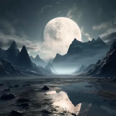 “夜幕降臨，兩座峻峭山峰之間的逼真巨灰月，如畫般細致入微。”