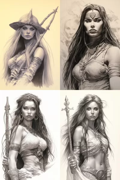 魔法世界中康南的女巫戰士：令人驚艷的服飾，戲劇性的姿勢，長發束起，面容猙獰，完美的線條，約翰·布蘭奇 拉里·埃爾莫爾 埃羅爾·奧特斯風格。