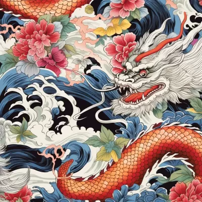 這個圖片的標題可以是“龍與波普藝術相融的紡織圖案”。