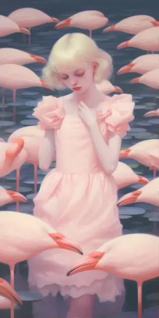 可爱的五岁金发小女孩，在荷花盛开的池塘中骑着一只美丽的粉色火烈鸟，享受着午后阳光，陈晓蓉的奇幻世界。