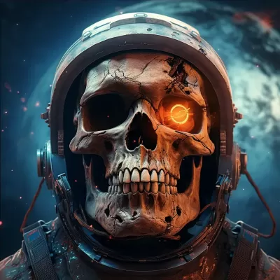 太空迷途的巨大宇航員頭盔中的骷髏，眼中熠熠發(fā)光，臟兮兮、腐朽的宇宙之旅