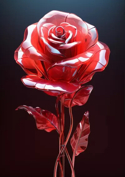 透明紅色玻璃玫瑰，逼真超清3D藝術，未來感科幻插畫