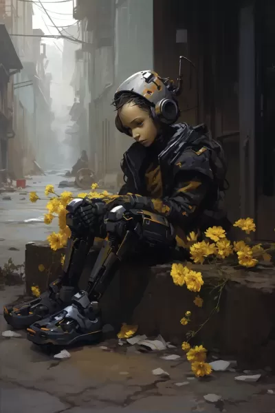 機械臂與黃色花朵：賽博朋克現實主義風格，描繪街頭生活場景的低分辨率油畫