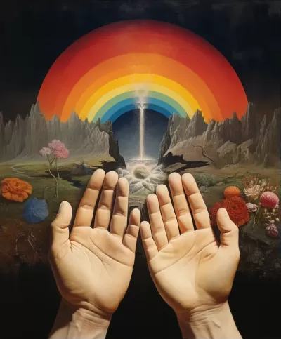 “唯美奇幻：繪有彩虹與手的白色畫作，融合超現實拼貼與虛無派元素”