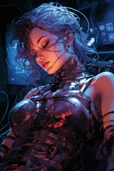 一個華麗的女性機械人在一個工廠里接受著電子手術(shù)