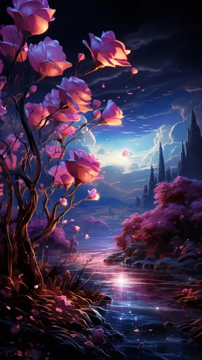 8K高清，銀河與月夜之花：海灘上的奇幻玫瑰世界