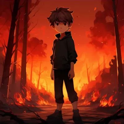 “火焰中的少年，魔鬼注視之下”