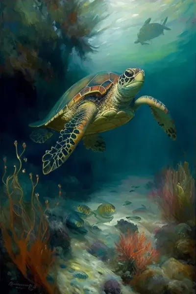 《海龜穿梭珊瑚海，重現名家繪畫》