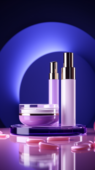 紫色背景上绚丽灯光下的高清护肤品展台，诱人入胜的视觉盛宴。