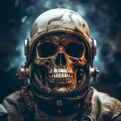 太空迷途的巨大宇航員頭盔中的骷髏，眼中熠熠發(fā)光，臟兮兮、腐朽的宇宙之旅