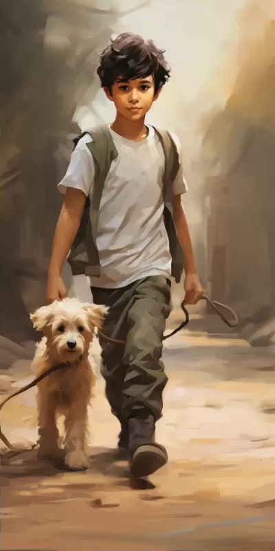一個(gè)男孩遛狗的場(chǎng)景