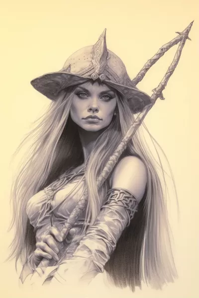 魔法世界中康南的女巫戰士：令人驚艷的服飾，戲劇性的姿勢，長發束起，面容猙獰，完美的線條，約翰·布蘭奇 拉里·埃爾莫爾 埃羅爾·奧特斯風格。