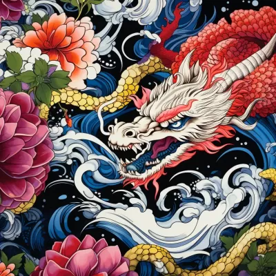 這個圖片的標題可以是“龍與波普藝術相融的紡織圖案”。