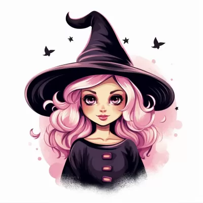 迷人復古粉嫩魔女：萬圣節剪貼藝術，充滿童趣，干凈白底勾勒！