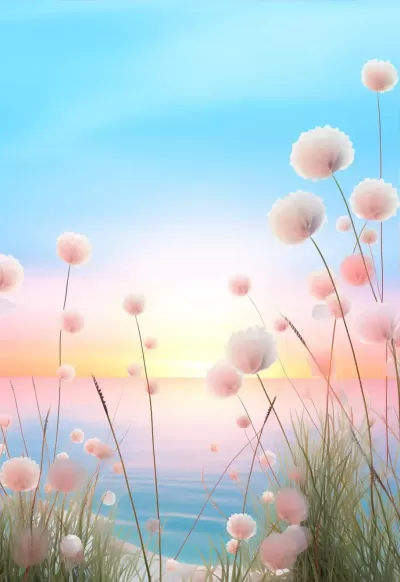 美麗的海洋花卉設計圖案：夢幻仙境般的藍色蓬松草地與黃色裝飾枝丫，簡約的扁平設計，漸變的藍粉白花球，逼真的3D渲染效果，令人陶醉的蒂爾達光效，美麗的海岸日落背景，夢幻藝術風格，美麗的花卉設計與幻想藝術相結合，超凡脫俗的美麗，如夢如幻的美景。