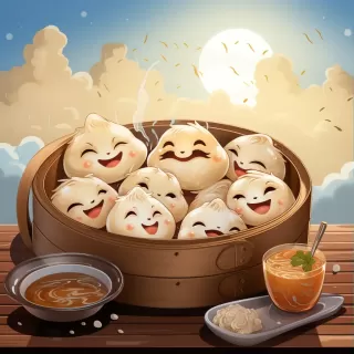 中文饺子制作卡通笑脸，闭眼微笑可爱手绘图，扁平画幅，1:1比例，分辨率5.2，质量1，尺寸750。
