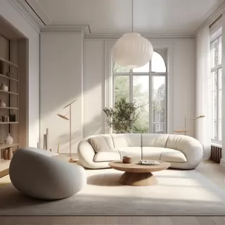 白色客厅：窗边家具，Vray渲染风格，柔和自然色调，真实光影，软质圆弧造型，雕塑感体积，温暖色调搭配，冥想式色彩对比——1:1比例，原始风格，v5.2。
