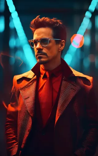 托尼·斯塔克（Tony Stark）佩戴眼镜，以卡萨诺瓦风格亮相，霓虹网格背景，70mm胶片拍摄，UHD画质，复古流行风格，人物AROCH，光影交错。