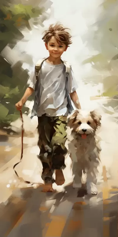 一個(gè)男孩遛狗的場(chǎng)景