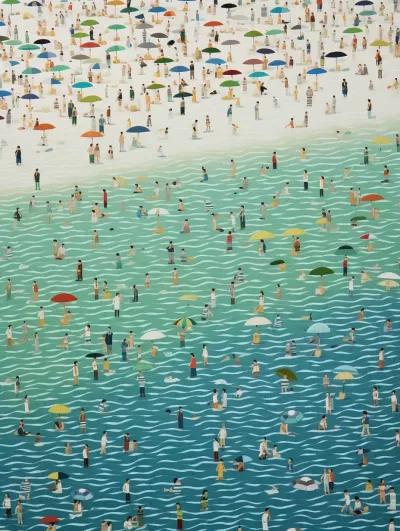 沙灘上的人與傘，細節豐富如 Lucy Grussmth 和 Hiroshi Nagai，鳥瞰視角展現，條紋畫卷，青綠與米色交織，動感點彩風格——A3:4尺寸，原始風格