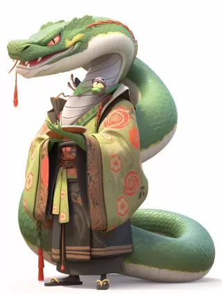 白蛇：中国十二生肖中的小蛇形象，可爱又神秘，3D动画风格，高清画质