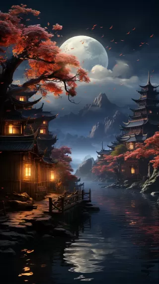 真实拍摄，8K超高清画质，江南水乡传统中式建筑，湖边枫树旁渔船，月色朦胧，繁星闪烁，夜幕下植物高清。
