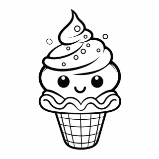 可爱卡通冰淇淋涂色页，适合幼儿手绘黑白动画风格