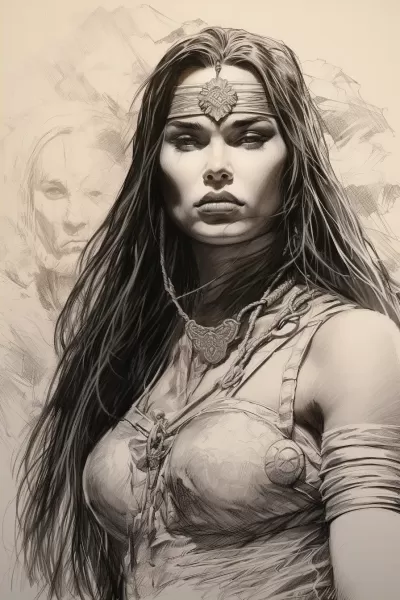 魔法世界中康南的女巫戰士：令人驚艷的服飾，戲劇性的姿勢，長發束起，面容猙獰，完美的線條，約翰·布蘭奇 拉里·埃爾莫爾 埃羅爾·奧特斯風格。