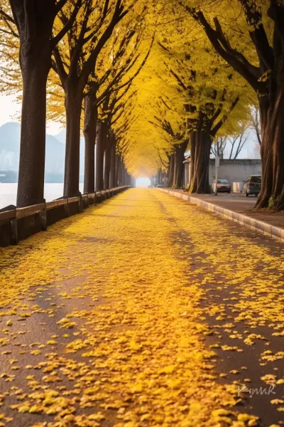 秋日銀杏大道，河畔金黃滿地，遠山鋪地銀杏，細膩逼真，超高分辨率。