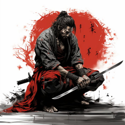 黑白紅墨繪，背負(fù)刀劍的武士屹立蹲伏