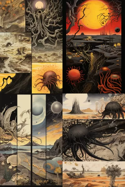 奇幻圖景：黑色章魚探尋沙漠之花，輝光波紋，跨越高爾夫，藝術家眾神之作。