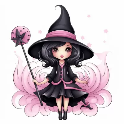 迷人復古粉嫩魔女：萬圣節剪貼藝術，充滿童趣，干凈白底勾勒！