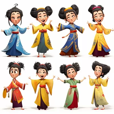 《幽默怪誕的古代中國女孩風格套裝—仿瓊·伯格曼風格，3D渲染，卡通，離奇，詼諧描繪，扭曲形狀，夸張有趣表情，凌亂發型，破舊服飾，滑稽面部表情，非凡身材造型，8K全景》