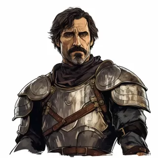 中世纪骑士：无头盔的GTA风格艺术，黑发与胡子，粗犷中年男子，无背景，纯白画面