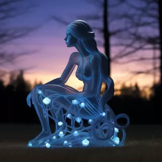 3D魔幻夜晚：塑料风格精灵女子坐在魔法田野中