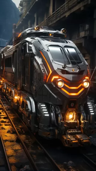 未来科技感火车引擎：美丽赛博朋克风格，逼真震撼LED照明
