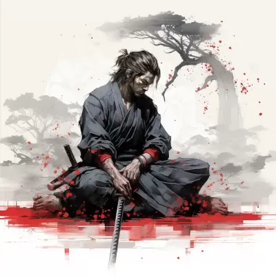 黑白紅墨繪，背負(fù)刀劍的武士屹立蹲伏