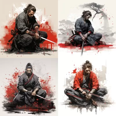 黑白紅墨繪，背負(fù)刀劍的武士屹立蹲伏