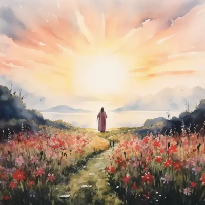 《夕陽下的田野：耶穌與花朵共舞》