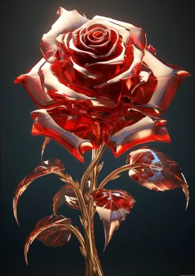透明紅色玻璃玫瑰，逼真超清3D藝術，未來感科幻插畫