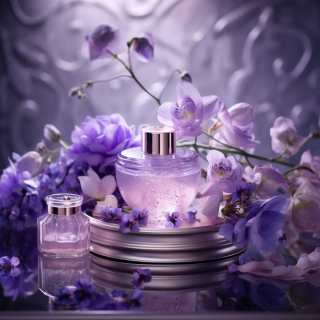 紫花簇拥的展台上，梦幻般的景色与闪亮灯光，展示着令人心动的护肤品摄影作品。