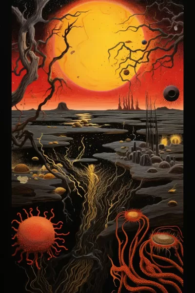 奇幻圖景：黑色章魚探尋沙漠之花，輝光波紋，跨越高爾夫，藝術家眾神之作。