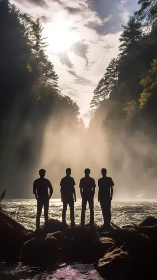 四位男士在瀑布旁的剪影