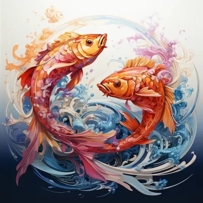 絢麗抽象：彼得·馬克斯風格，白底雙魚逆游，橙紫藍，迷幻十二宮