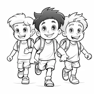 男孩涂色页：简约卡通风格，动画效果，黑白画法，粗线条，适合幼儿，手绘画，纯白背景。