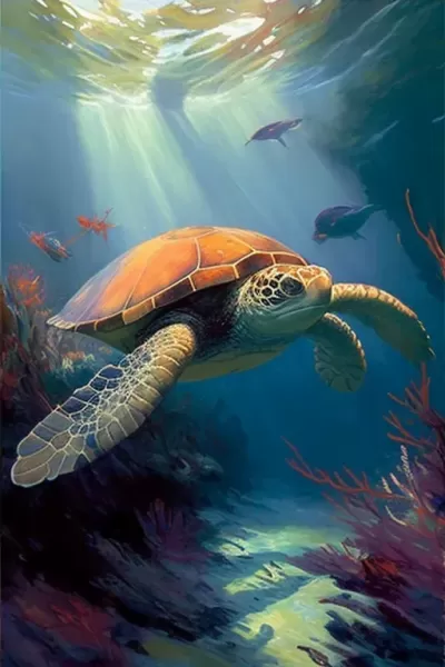 《海龜穿梭珊瑚海，重現名家繪畫》