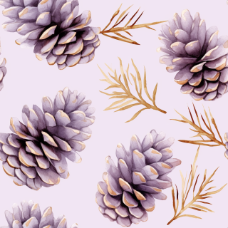 紫色背景上的金色亮点，逼真水彩画风，令人陶醉的过去的粉紫色松果，印象派之美